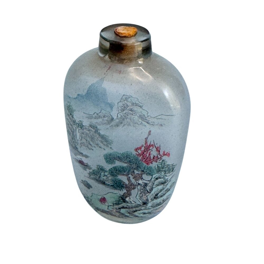 Hand-Painted Reverse Glass Chinese Snuff Bottle With Scenic Landscape Design & C